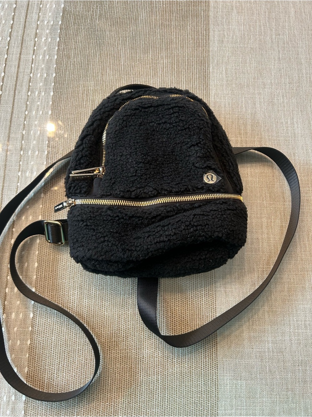 lululemon athletica Black Sherpa Mini Backpack with Gold Zippers